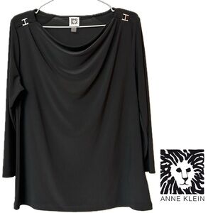Anne Klein Drape Neck 3/4 Sleeve Black Jersey Top Shoulder Detail Size S